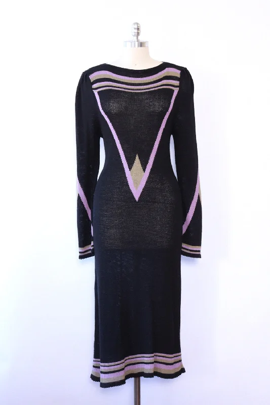 Black and Lilac Geometric Sweater Dress L Collared Crew Neck Turtle Neck