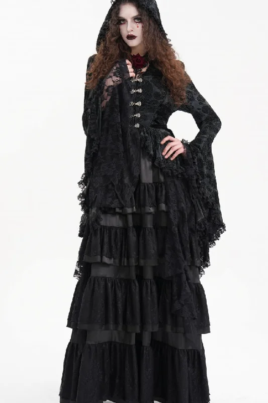 Black Long Trumpet Sleeves Multi-Layered Embroidery Lace Hooded Ripped Women's Gothic Jacket Fleece Fabric Down Fabric Feather Fabric Black Long Trumpet Sleeves Multi-Layered Embroidery Lace Hooded Ripped Women's Gothic Jacket Fleece Fabric Down Fabric Feather Fabric