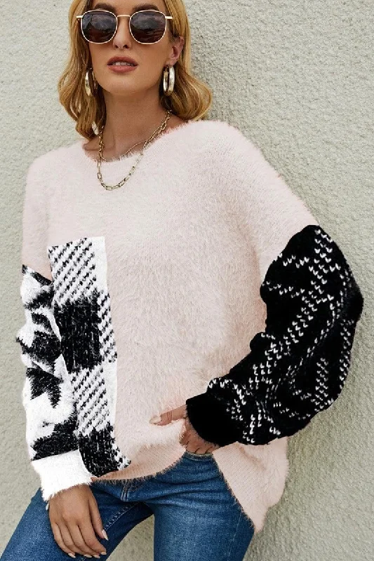 WOMEN FURRY LEOPARD BLOCKED SWEATER Tailored Straight A-Line