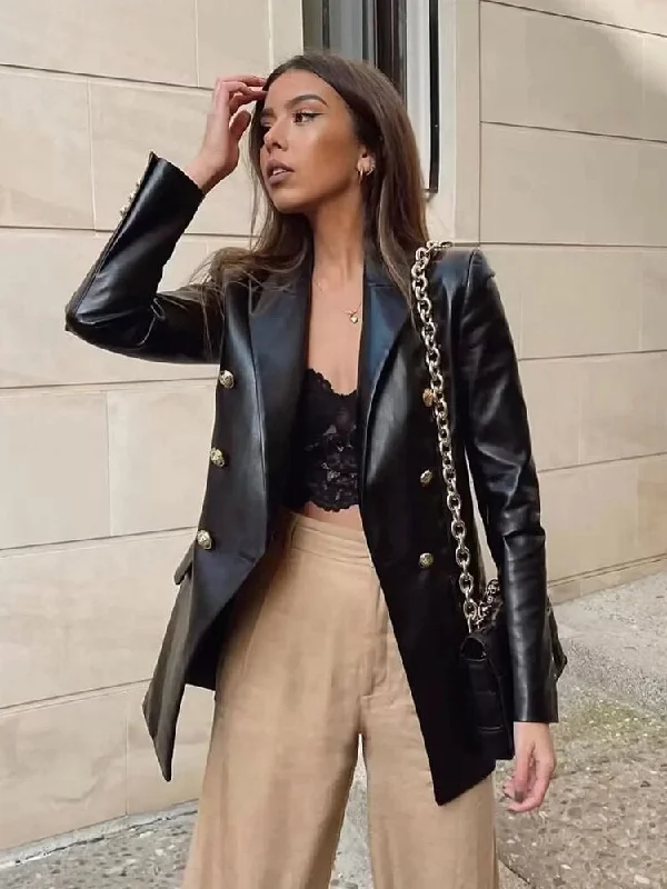 Faux Leather Blazer Jacket Women Vintage Black Long PU Jacket Coat Nylon Fabric Polyester Fabric Spandex Fabric Faux Leather Blazer Jacket Women Vintage Black Long PU Jacket Coat Nylon Fabric Polyester Fabric Spandex Fabric