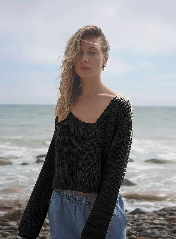Angle V Sweater - Black Solid Color Striped Floral Print