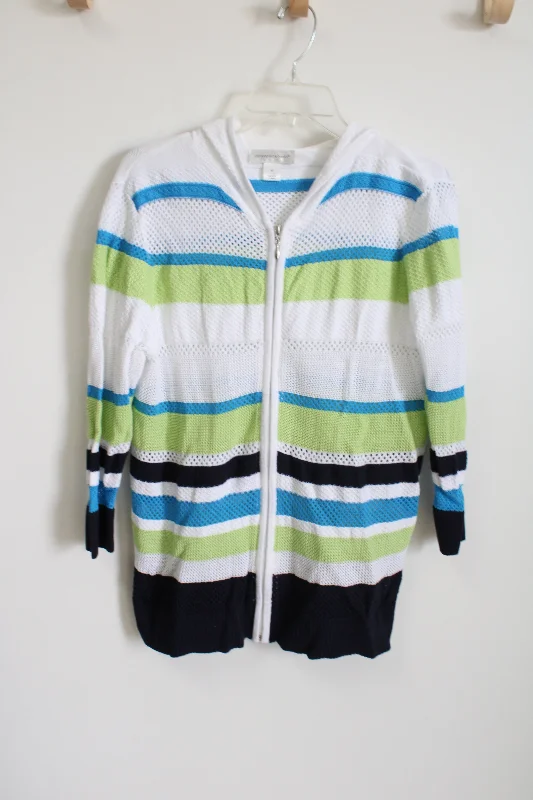 Christopher & Banks White Blue Green Lightweight Knit Zip Up Sweater | M Glossy Satin Silk Christopher & Banks White Blue Green Lightweight Knit Zip Up Sweater | M Glossy Satin Silk