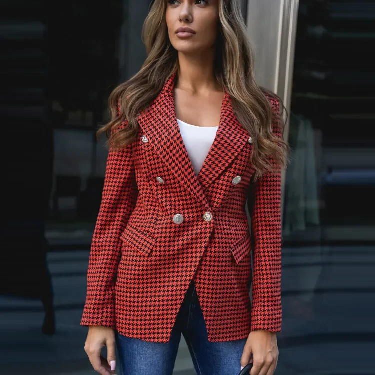 Women Fashion Double-Breasted Houndstooth Blazer Jacket Denim Jacket Leather Jacket Suede Jacket Women Fashion Double-Breasted Houndstooth Blazer Jacket Denim Jacket Leather Jacket Suede Jacket