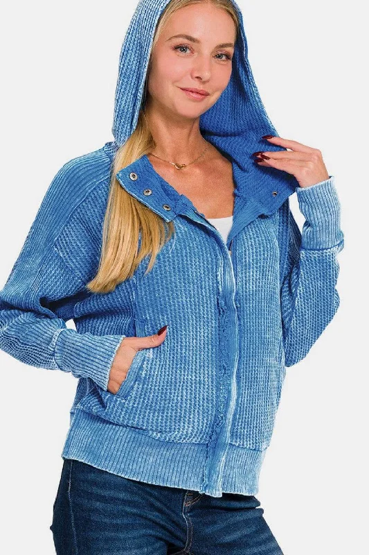 Zenana Washed Zip Up Hooded Jacket Bomber Jacket Anorak Windbreaker