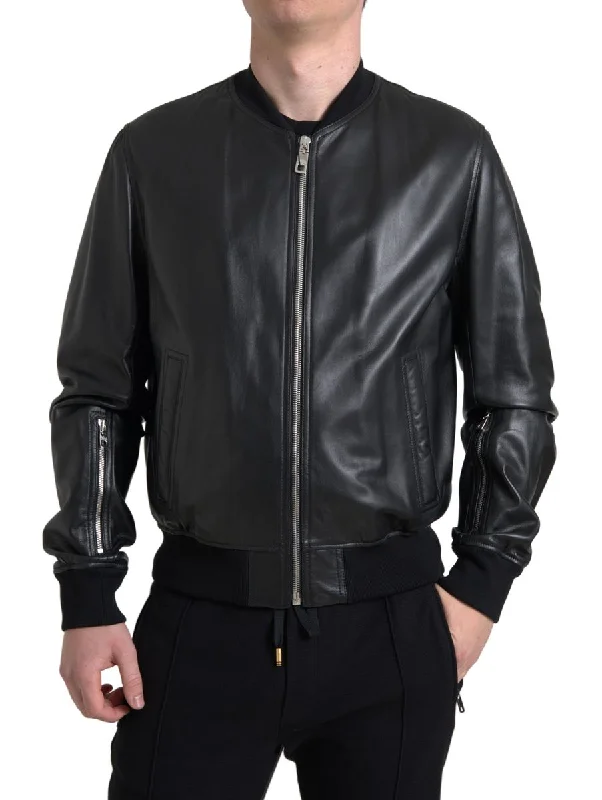Dolce & Gabbana Elegant Leather Bomber Men's Jacket Belted Jacket Elasticated Jacket Padded Jacket Dolce & Gabbana Elegant Leather Bomber Men's Jacket Belted Jacket Elasticated Jacket Padded Jacket