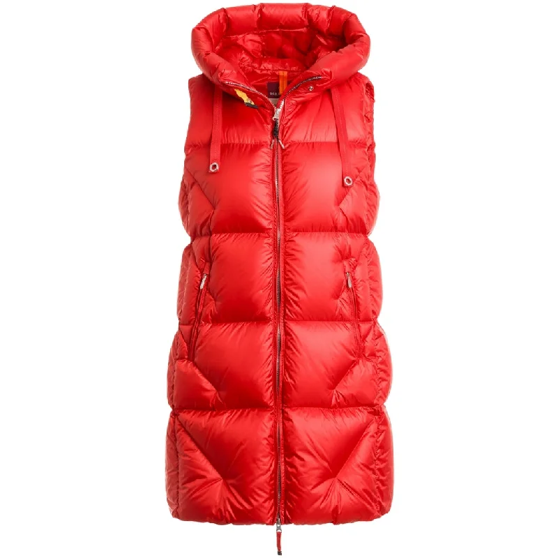 Parajumpers Zuly Red Long Down Gilet Jacket Welt Pockets Slit Pockets Flap Pockets