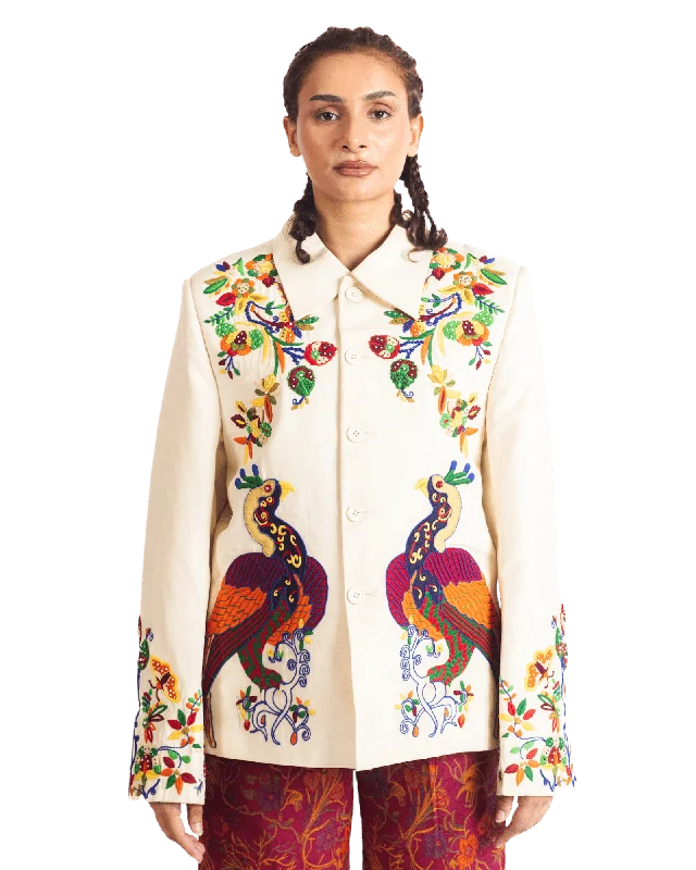 "PAINTED BIRD" SILK JACKET Boat Neck Shawl Collar Notched Collar