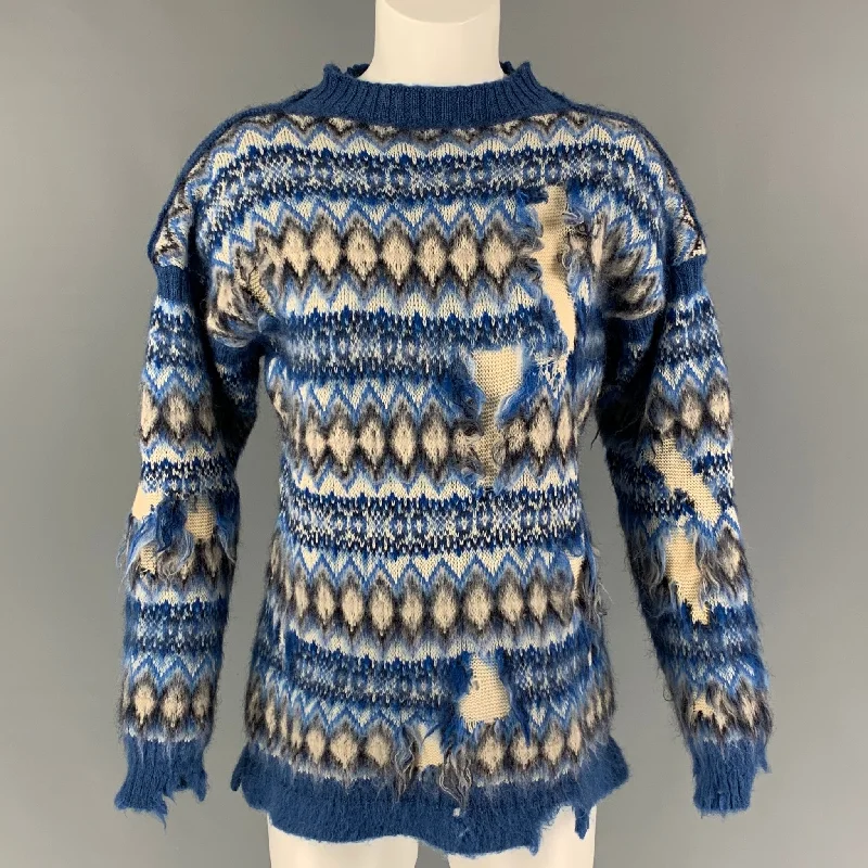 MAISON MARGIELA SS 22 by John Galliano Size L Blue White Wool Cotton Fair Isle Sweater Cotton Fabric Linen Fabric Terry Fabric MAISON MARGIELA SS 22 by John Galliano Size L Blue White Wool Cotton Fair Isle Sweater Cotton Fabric Linen Fabric Terry Fabric