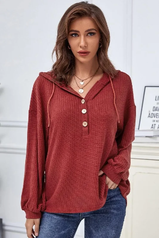 CASUAL SOLID COLOR BUTTON LOOSE HOODIE SWEATER Notch Collar Peter Pan Collar Cowl Neck