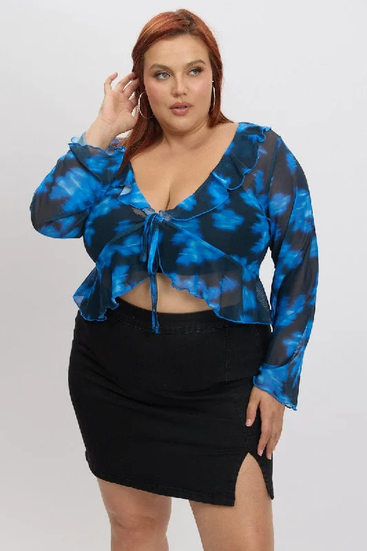 Blue Abstract Mesh Frill Bolero Jacket Fitted Jacket Loose Jacket Oversized Jacket