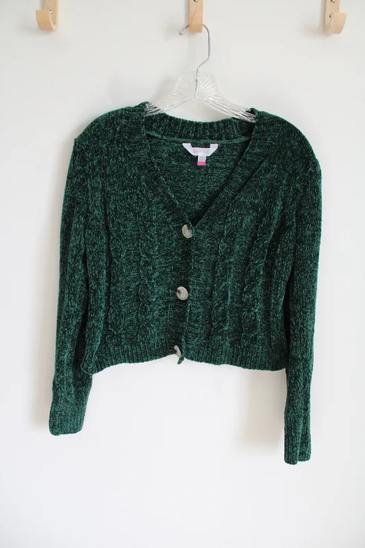 No Boundaries Green Chenille Crop Sweater | S Striped Floral Plaid