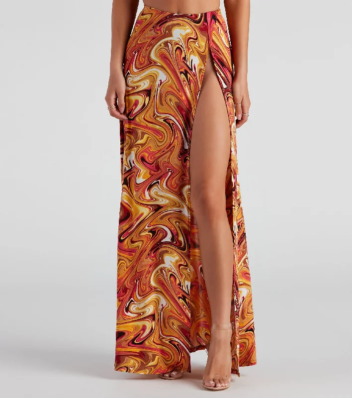 Retro Swirls Slit Maxi Skirt elastic waist skirt