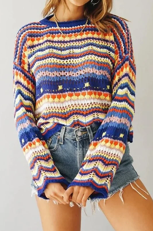LOOSE COLOR RAINBOW ROUND NECK STRIPED SWEATER Spandex Rayon Corduroy