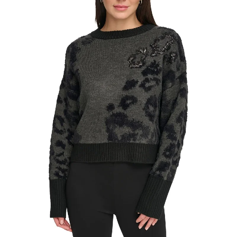 DKNY Womens Sequined Printed Crewneck Sweater Chenille Brocade Lace
