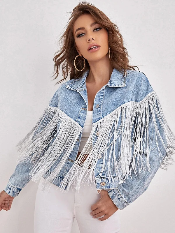 Women Fashion Casual Tassel Denim Jacket Welt Pockets Slit Pockets Flap Pockets