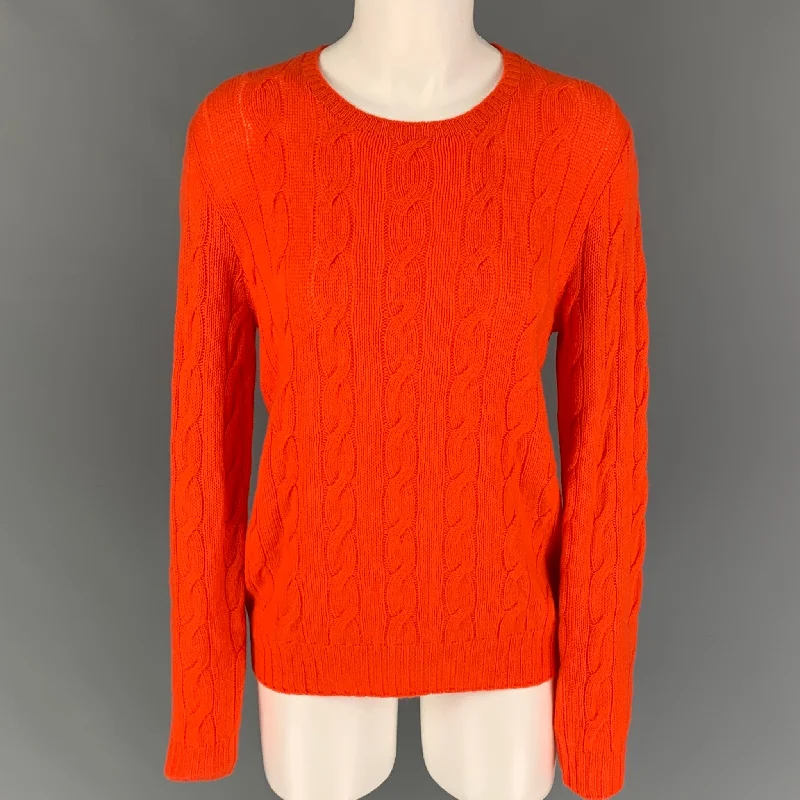 RALPH LAUREN Collection Size L Orange Cashmere Cable Knit Crew-Neck Sweater Solid Color Striped Floral Print RALPH LAUREN Collection Size L Orange Cashmere Cable Knit Crew-Neck Sweater Solid Color Striped Floral Print