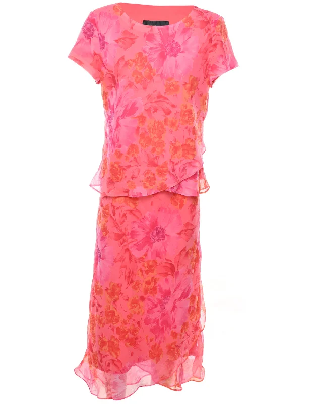 Floral Print Orange & Pink Patterned Top & Skirt Set - L chiffon skirt lightweight