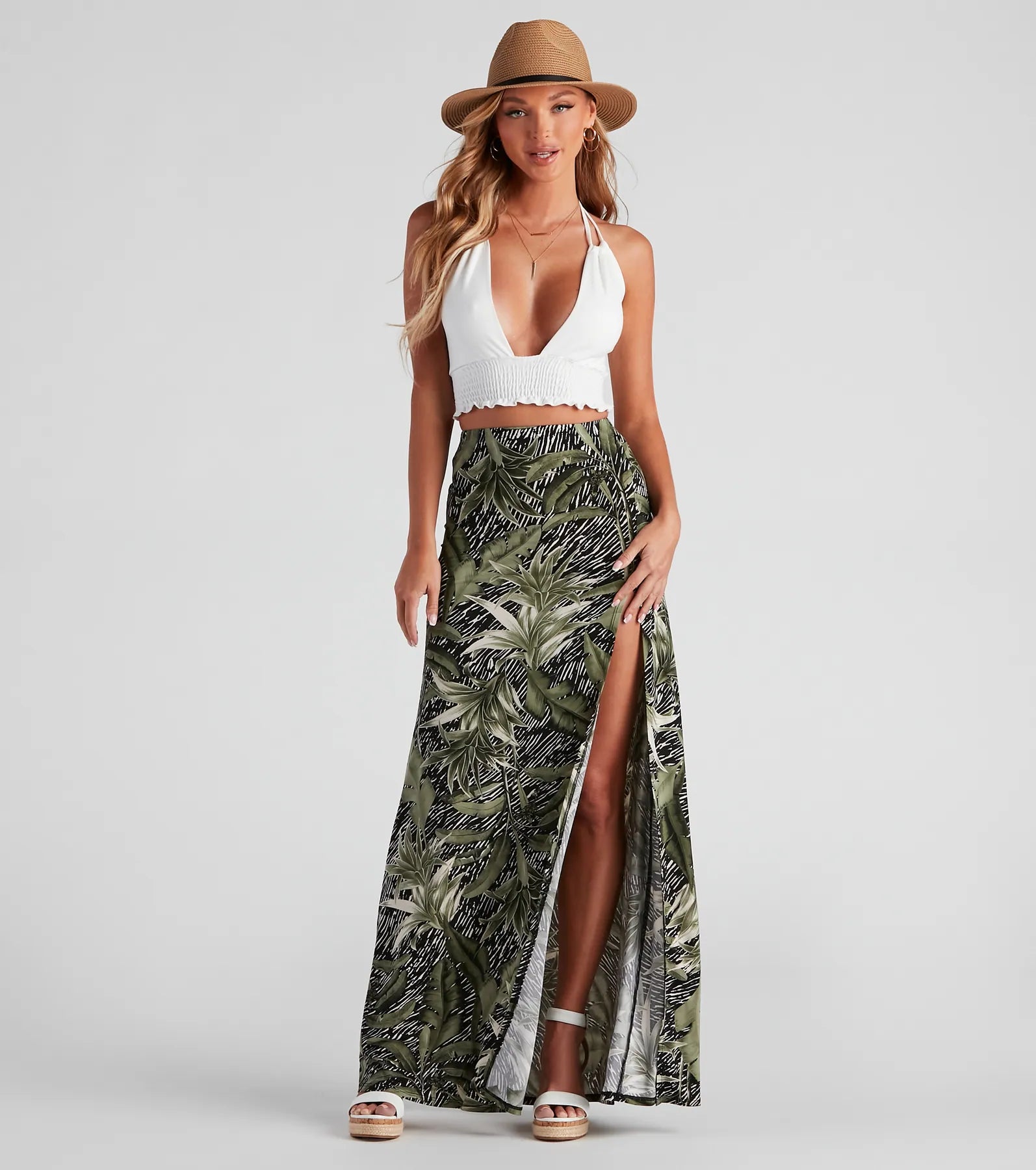 Cali Palms Tropical Slit Maxi Skirt silk skirt elegant