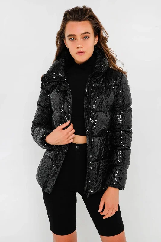 Unreal Fur WOMENS DESIRE SEQUIN PUFFER JACKET BLACK Herringbone Jacket Houndstooth Jacket Plaid Jacket Unreal Fur WOMENS DESIRE SEQUIN PUFFER JACKET BLACK Herringbone Jacket Houndstooth Jacket Plaid Jacket