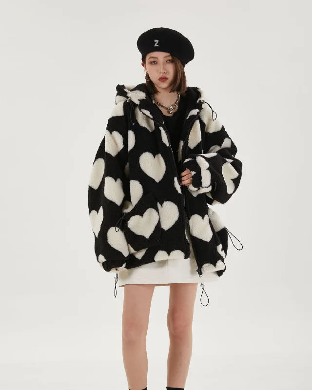 Heart Pattern Hooded Jacket Front Pockets Side Pockets Patch Pockets