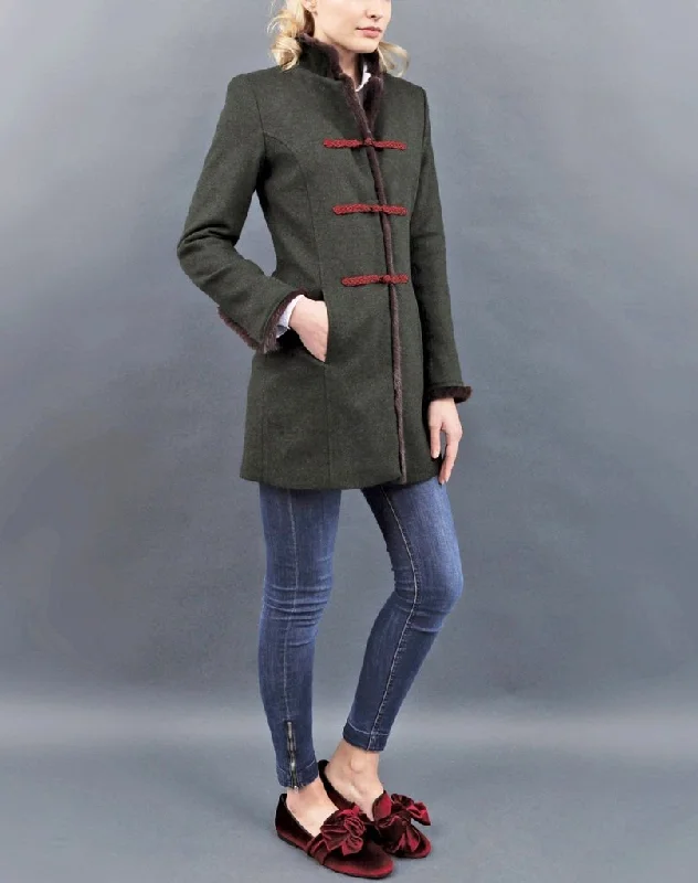 Von Dornberg Women's Indira Jacket Mink Trim in Dark Green Print Jacket Jacquard Jacket Patchwork Jacket Von Dornberg Women's Indira Jacket Mink Trim in Dark Green Print Jacket Jacquard Jacket Patchwork Jacket