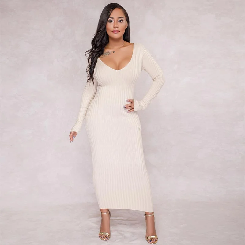 Long Sleeve Bodycon Rib Knit Sweater Maxi Dress #Maxi Dress #White # Neon Metallic Matte