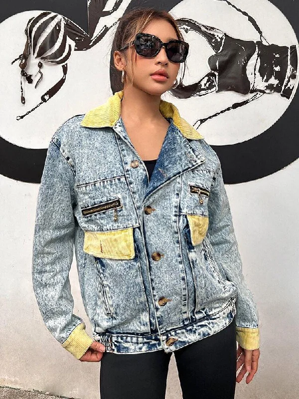Mid Wash Patchwork Denim Jacket Striped Jacket Polka Dot Jacket Floral Jacket