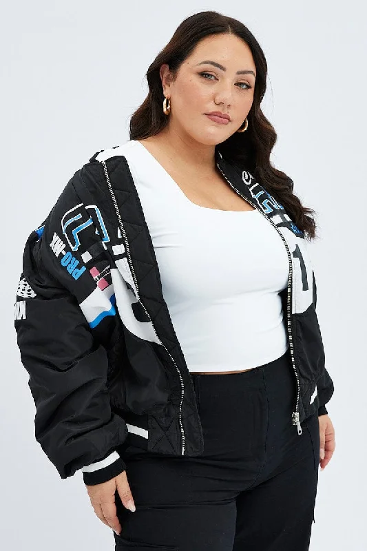 Black Motocross Jacket Bomber Padded Logo Front Pockets Side Pockets Patch Pockets