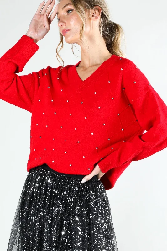 Diamond Rhinestone Sweater - Red Terry Blend Velvet Blend Canvas Blend