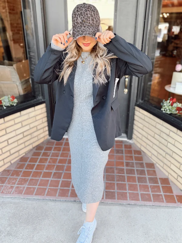Everyday Coffee Runs Sweater Dress - Charcoal Boat Neck Shawl Collar Notched Collar