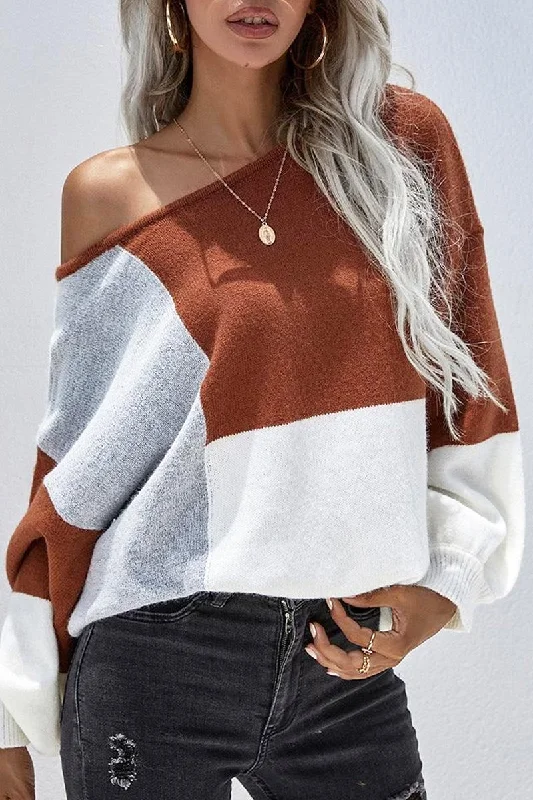 COLOR BLOCK ROUND NECK SWEATER TOP FOR WOMEN Solid Color Striped Floral Print