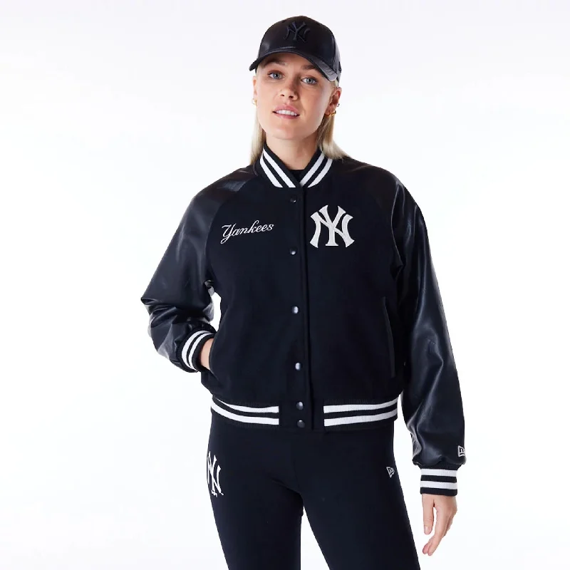 New York Yankees Womens MLB Black Varsity Jacket Ribbed Jacket Pleated Jacket Ruffled Jacket New York Yankees Womens MLB Black Varsity Jacket Ribbed Jacket Pleated Jacket Ruffled Jacket