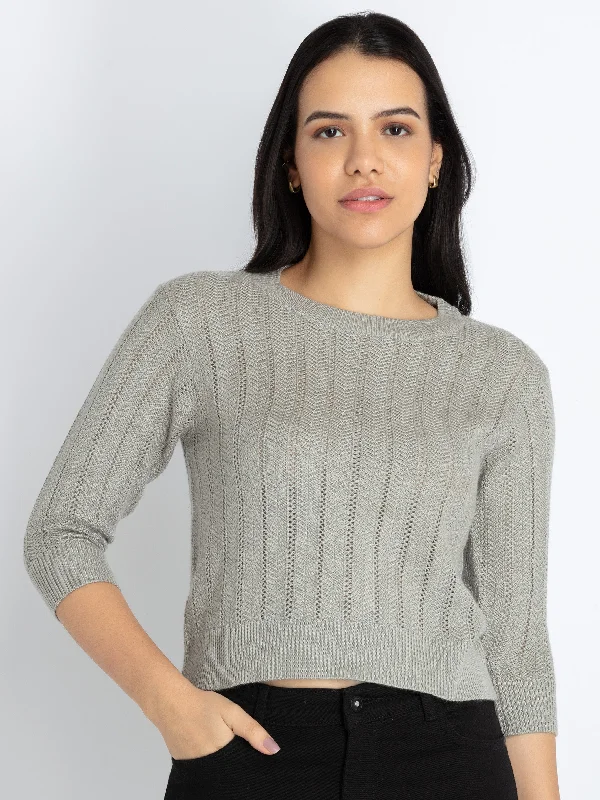 Womens Solid Round Neck Sweater Toggled Drawstring Belted