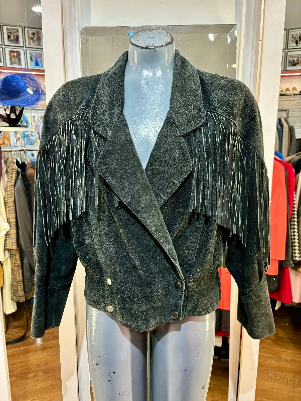 80’s Distress Black Suede Short Fringe Jacket By Yearbook Embroidered Jacket Appliqued Jacket Beaded Jacket 80’s Distress Black Suede Short Fringe Jacket By Yearbook Embroidered Jacket Appliqued Jacket Beaded Jacket