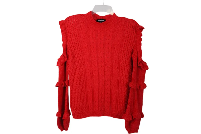 Express Red Knit Cold Shoulder Sweater | XS Boat Neck Shawl Collar Notched Collar