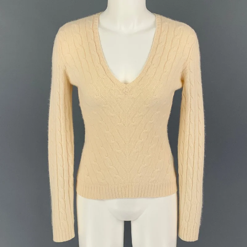 RALPH LAUREN Black Label Size M Cream Cashmere Cable Knit V-Neck Sweater Spandex Rayon Corduroy RALPH LAUREN Black Label Size M Cream Cashmere Cable Knit V-Neck Sweater Spandex Rayon Corduroy