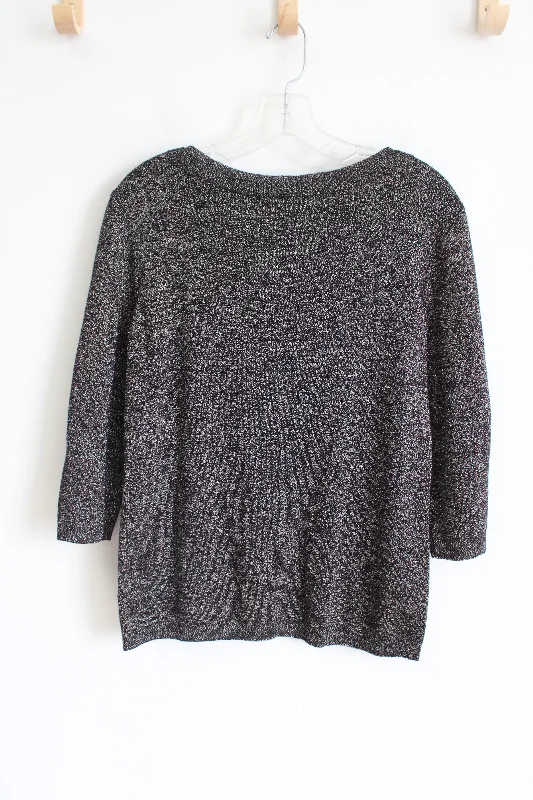 Liz Claiborne Career Black Gold Shimmer Knit Sweater | M Petite Ribbed Striped Patterned Liz Claiborne Career Black Gold Shimmer Knit Sweater | M Petite Ribbed Striped Patterned