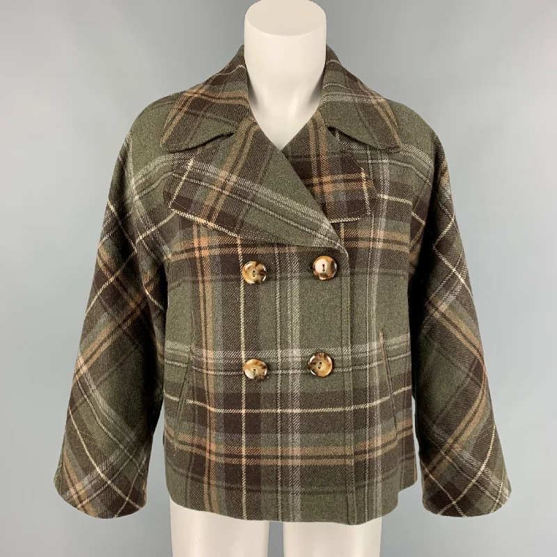 D&G by DOLCE & GABBANA Size 4 Olive & Black & Plaid Jacket Notch Collar Peter Pan Collar Cowl Neck