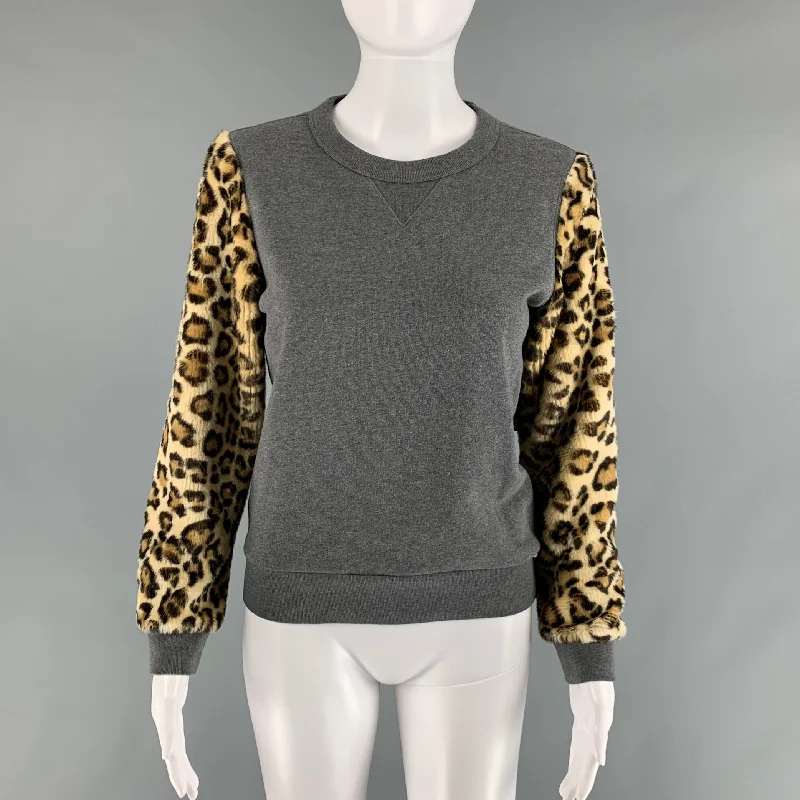 DRIES VAN NOTEN Size XS Gray Brown Cotton Animal Crew-Neck Sweater Polka Dot Checkered Tartan DRIES VAN NOTEN Size XS Gray Brown Cotton Animal Crew-Neck Sweater Polka Dot Checkered Tartan