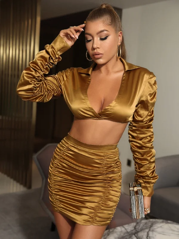 Satin Ruched Johnny Collar Cropped Top and Skirt Set seamless skirt comfort