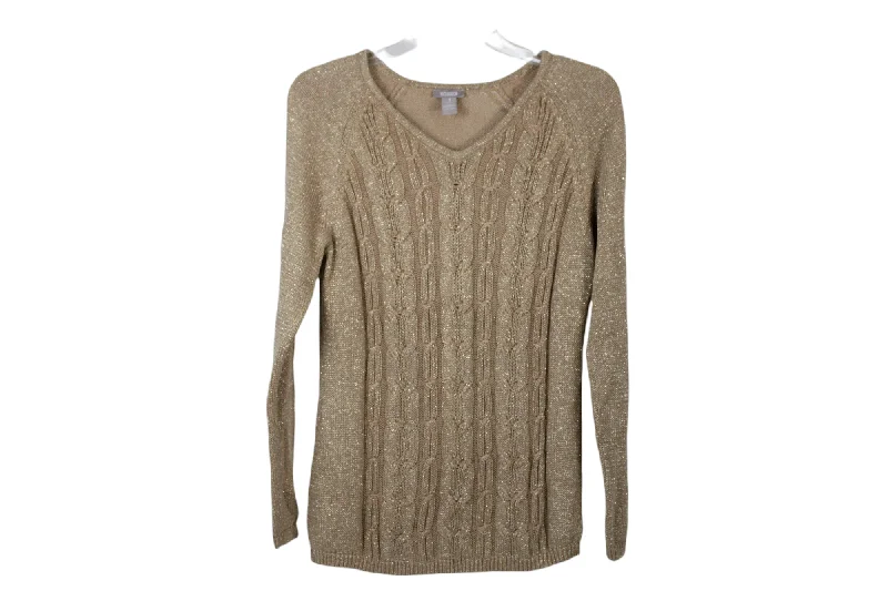 Chico's Gold Shimmer Cable Knit Sweater | 1 (M/8) Ribbed Striped Patterned
