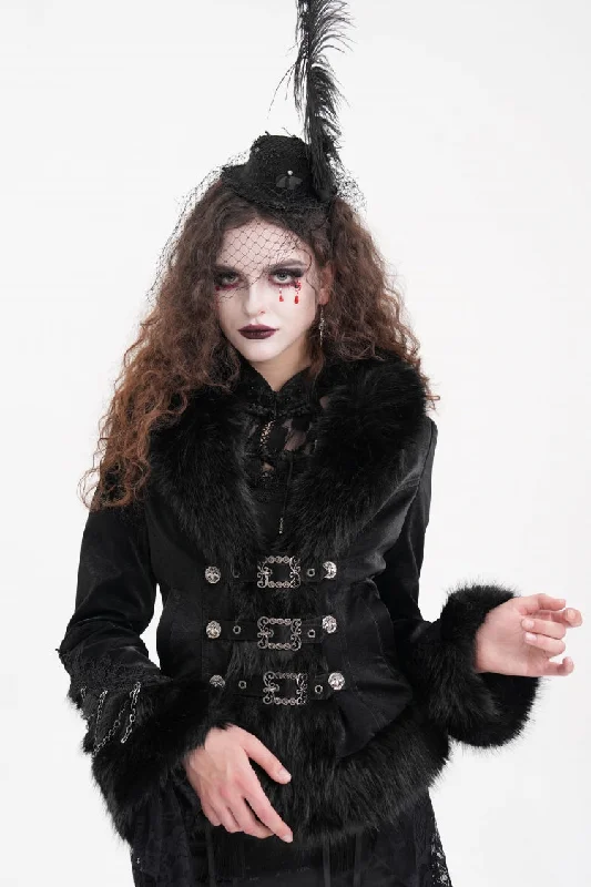 Black Faux Fur Bucket-up Chain Women's Gothic Jacket Herringbone Jacket Houndstooth Jacket Plaid Jacket Black Faux Fur Bucket-up Chain Women's Gothic Jacket Herringbone Jacket Houndstooth Jacket Plaid Jacket