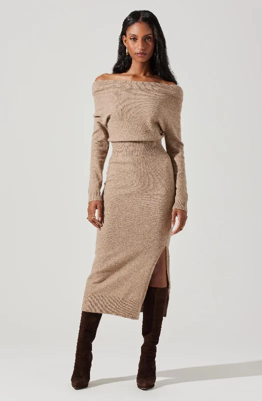 Cora Off Shoulder Sweater Dress Cashmere Blend Cotton Blend Poly Blend