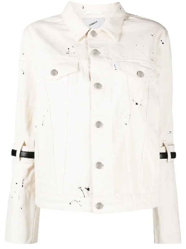 BUCKLE STRAP-EMBELLISHED DENIM JACKET Zip Front Button Front Snap Front