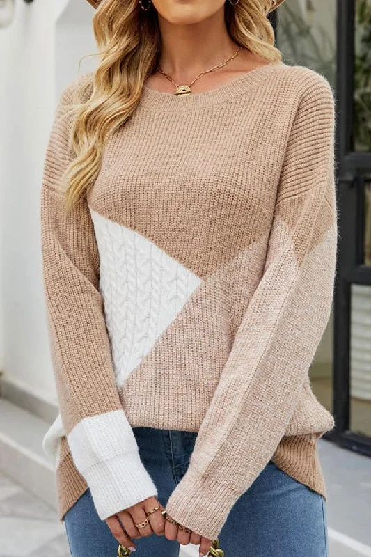 WOMEN RIBBED ROUND NECK KNITTED SWEATER Zippered Buttoned Snapped