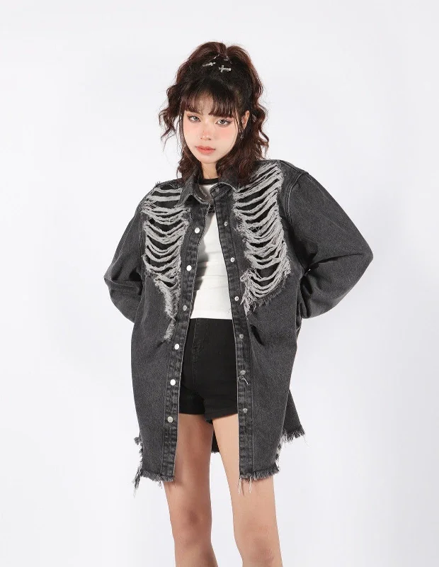 Grunge Distressed Long Denim Jacket Chenille Jacket Brocade Jacket Lace Jacket