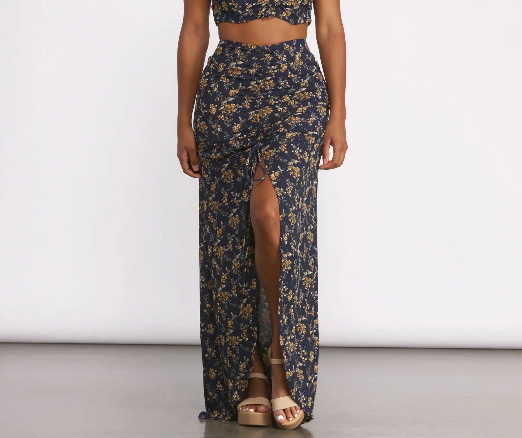 Ditsy Floral Ruched High Slit Maxi Skirt high slit skirt