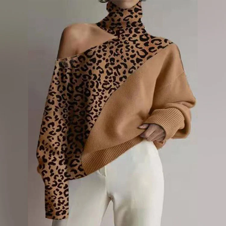 Women Casual Leopard Pattern Color Matching Turtleneck Off-The-Shoulder Knitted Sweater Iron Safe Non-Iron Wrinkle Free Women Casual Leopard Pattern Color Matching Turtleneck Off-The-Shoulder Knitted Sweater Iron Safe Non-Iron Wrinkle Free