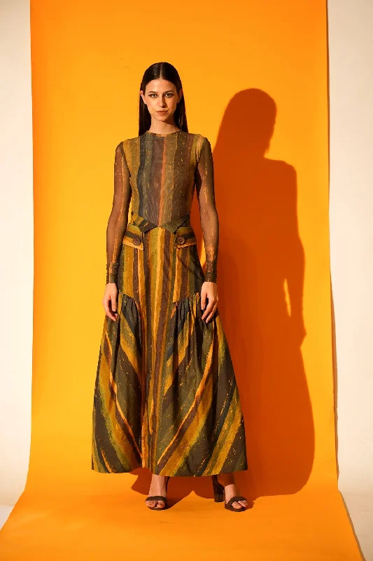 Green Stripe Print High Waisted Detailed Skirt chiffon skirt delicate