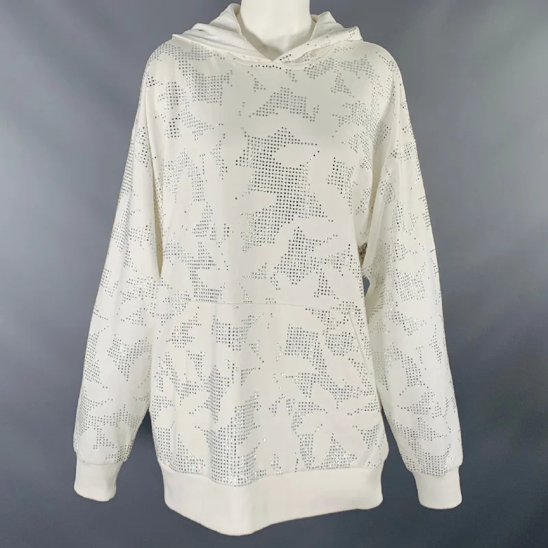 DAVID KOMA Size S White Silver Cotton Floral Rhinestone Hooded Sweater Seamless Knitted Crochet DAVID KOMA Size S White Silver Cotton Floral Rhinestone Hooded Sweater Seamless Knitted Crochet